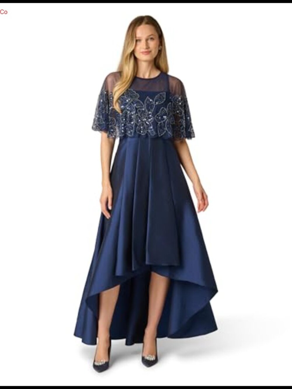Beaded Cape Taffeta High-Low Formal Evening Gown with Pockets